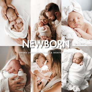 Puede incluir: Un collage de seis fotografías que muestran a recién nacidos envueltos en mantas blancas, con diademas blancas y sostenidos por adultos. El texto NEWBORN ADORA LIGHTROOM MOBILE & DESKTOP PRESETS está superpuesto en el centro.