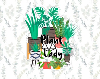 May include: A sticker with a white background and a green, pink, and yellow illustration of potted plants. The text "Plant Lady" is in black lettering.