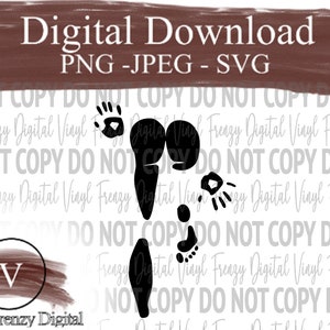 May include: Digital download of a black silhouette of a footprint with a handprint on a white background. The text "Digital Download PNG -JPEG - SVG" is at the top of the image. The text "Vinyl Frenzy Digital" is at the bottom of the image.