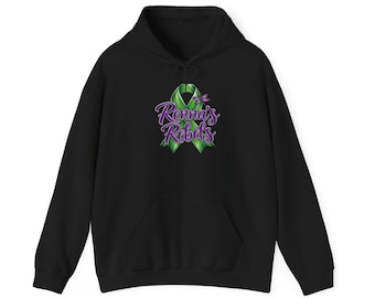 May include: A black hooded sweatshirt featuring a green awareness ribbon graphic with a small purple dragonfly. The text Renna's Rebels is printed in purple script across the center of the ribbon. The hoodie includes long sleeves and a front pocket.