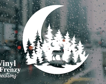 Deer in Crescent Moon Vinyl Decal | Forest Silhouette Bumper Sticker