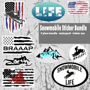 May include: A set of nine snowmobile-themed stickers featuring American flag designs, a snowmobile silhouette, and phrases like "BRAAAP!" and "Just Gonna Send It".