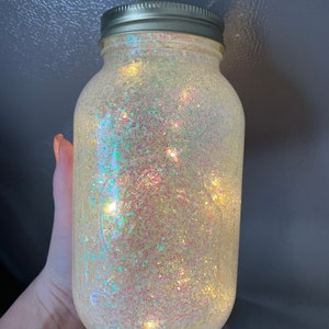 quart mason jar art Glittered centerpiece 32oz jar with fairy lights | glittered light up party centerpiece