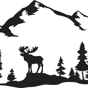 moose with mountains and  trees silhouette wilderness vinyl decal outdoors lover | vinyl decal | weatherproof