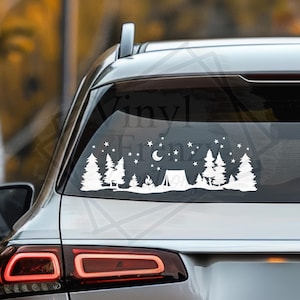 Naklejka winylowa z namiotem i sylwetkami gór i drzew | miłośnik kempingu | miłośnik aktywności na świeżym powietrzu | naklejka winylowa | odporna na warunki atmosferyczne