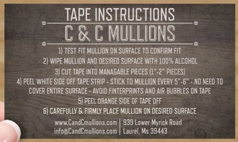 May include: Instructions for installing C & C Mullions. The instructions include steps for testing the fit, cleaning the surface, cutting tape, and applying the mullion. The text also includes the company's website and contact information.