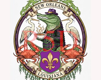 May include: A detailed illustration featuring a green alligator wearing a purple hat and a plaid jacket, holding a bowl of food. The design includes the text "NEW ORLEANS" and "LOUISIANA", along with a fleur-de-lis and other decorative elements.