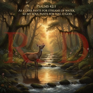 May include: An artistic depiction of a deer standing in a stream within a forest. The image features the text "PSALMS 42:1" and a quote. The artwork uses warm colors, with sunlight filtering through the trees, creating a serene and spiritual scene.
