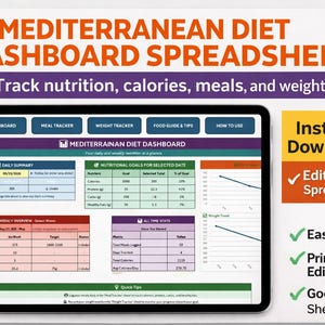May include: A digital Mediterranean Diet Dashboard spreadsheet on a tablet. The spreadsheet tracks nutrition, calories, meals, and weight. The image includes the text "Instant Download" and "Editable Spreadsheet".