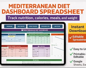 Mediterranean Diet Tracker Spreadsheet | Dashboard, Meal Log, Weight Tracker & Food Guide