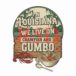 Könnte beinhalten: Grafik im Vintage-Stil mit dem Text "In Louisiana We Live On Crawfish and Gumbo". Das Design umfasst einen roten Flusskrebs, eine Schüssel Gumbo und einen Löffel. Der Hintergrund zeigt eine Bayou-Szene.