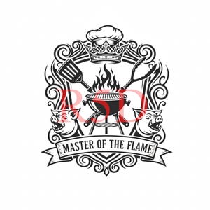 May include: Black and white illustration featuring a barbecue grill with flames, a chef's hat, and a crown. The text "MASTER OF THE FLAME" is displayed on a banner. Two pig heads are on either side of the banner.