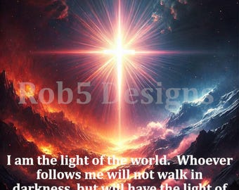 Lámina artística con versículo bíblico de Juan 8:12 – Luz del Mundo (Descarga digital)