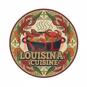 May include: A circular illustration featuring a black pot of Louisiana cuisine, including crab, sausage, and shrimp. The design is framed by crawfish, okra, and the text "LOUISIANA CUISINE" in a vintage style.