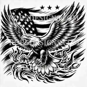 May include: Black and white illustration of an eagle flying with its wings spread wide. The eagle is flying over a stylized American flag with flames behind it.