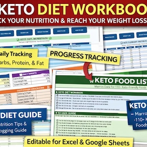 Könnte beinhalten: Ein Keto-Diät-Arbeitsbuch mit verschiedenen Tracking-Blättern. Das Arbeitsbuch enthält Abschnitte für die wöchentliche und tägliche Verfolgung von Kalorien, Kohlenhydraten, Proteinen und Fett sowie eine Keto-Lebensmittelliste und einen Leitfaden.