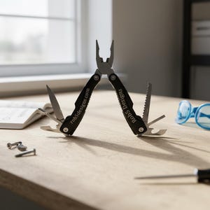 May include: A black and silver multi-tool with various implements, including pliers, a knife, and a saw. The tool is open, displaying its features. The text "rob5designs.com" is printed on the handle.