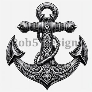 Può includere: Un'illustrazione dettagliata in bianco e nero di un'ancora decorata con una corda avvolta attorno alla parte superiore. L'ancora è decorata con intricati motivi floreali.