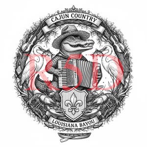 May include: Black and white illustration featuring an alligator playing an accordion, wearing a hat and scarf. The design includes the text "CAJUN COUNTRY" and "LOUISIANA BAYOU", along with images of herons, crawfish, and a fleur-de-lis.