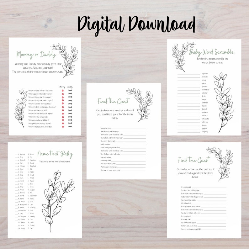 Greenery 5 in 1 Baby Shower Games Bulk Buy Save Money Etsy