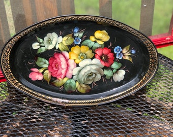 Vintage black tole metal tray with pink and white flowers and gold handles