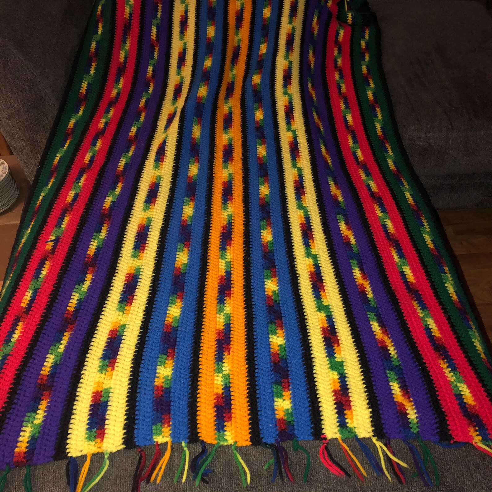 Vintage Hand Knit Brightly Colored Afghan Blanket Etsy
