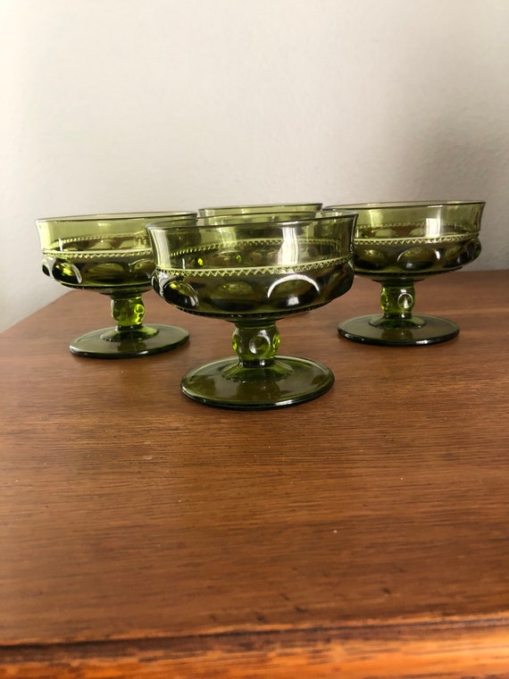 Kings Crown Thumbprint Set of 4 Vintage Indiana Green Glass Sherbet 