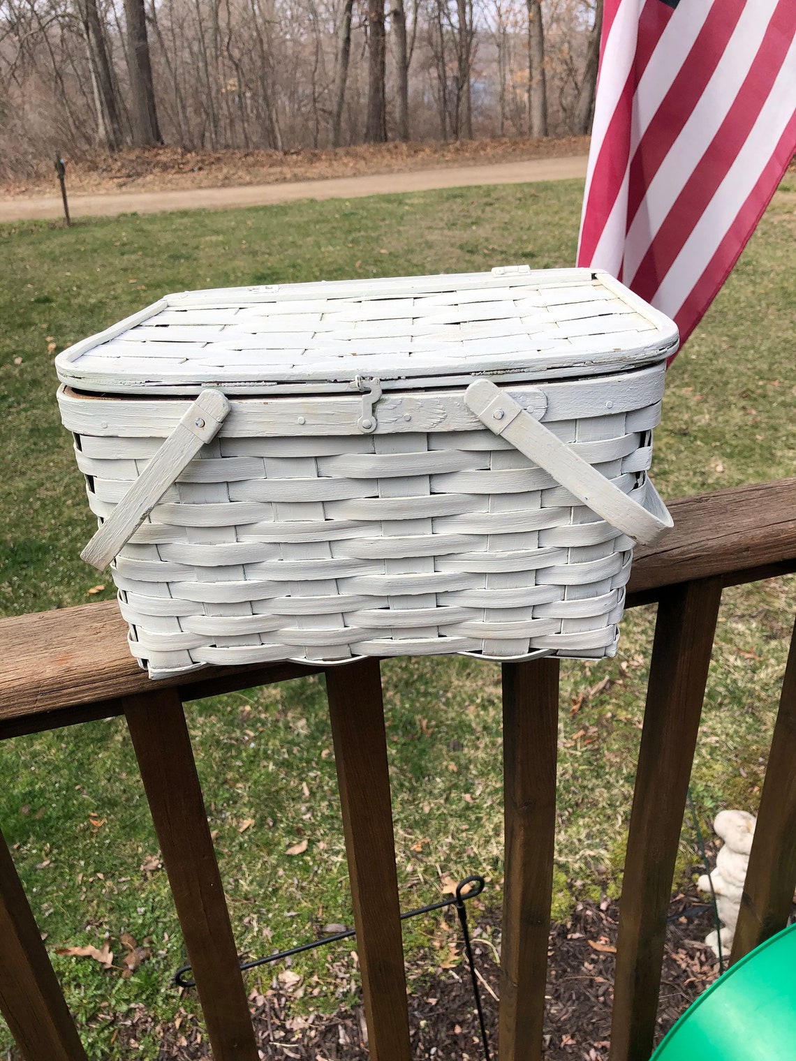 Vintage Splint Oak Woven Painted Picnic Basket White Shabby Etsy