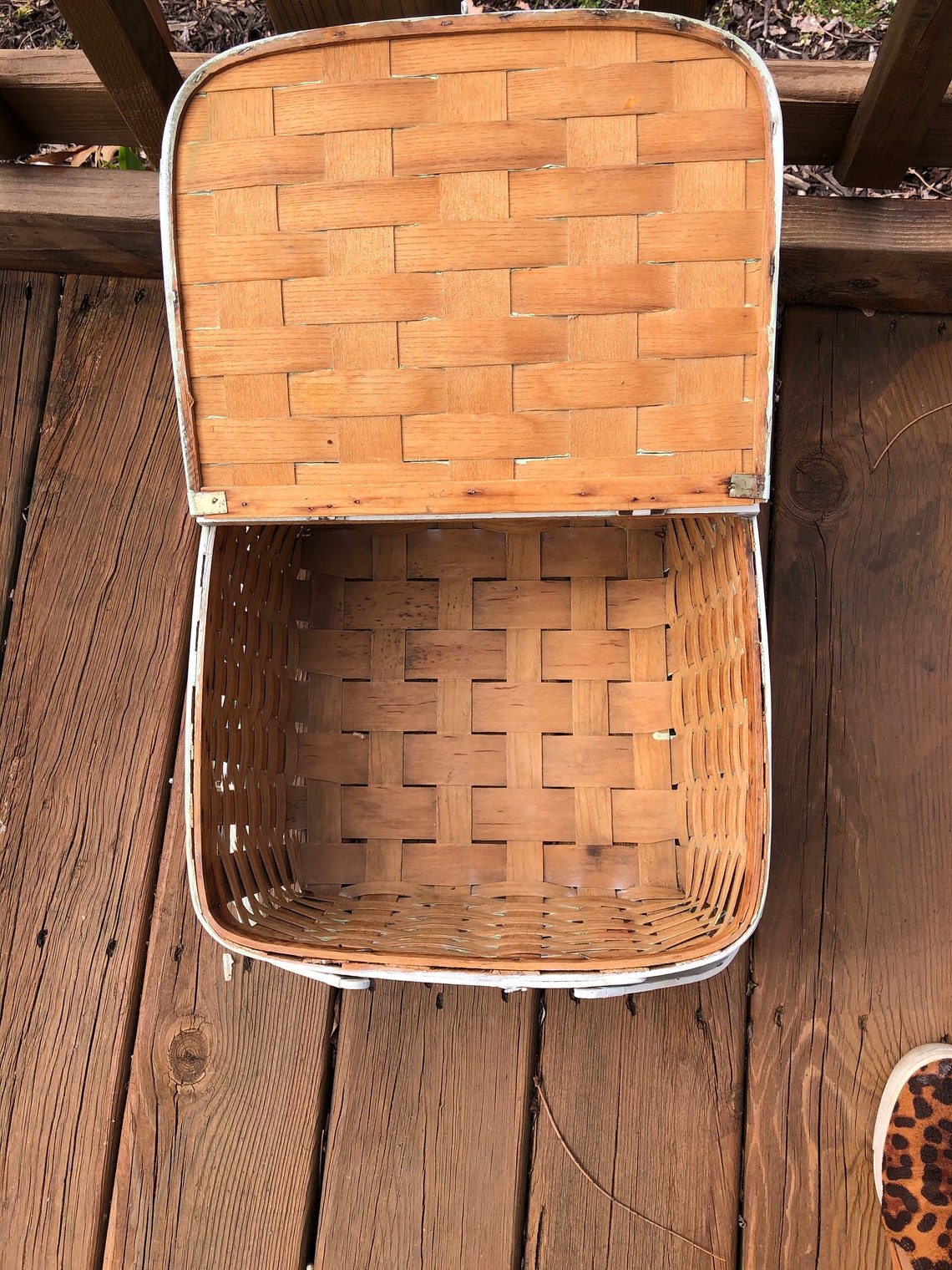 Vintage Splint Oak Woven Painted Picnic Basket White Shabby Etsy