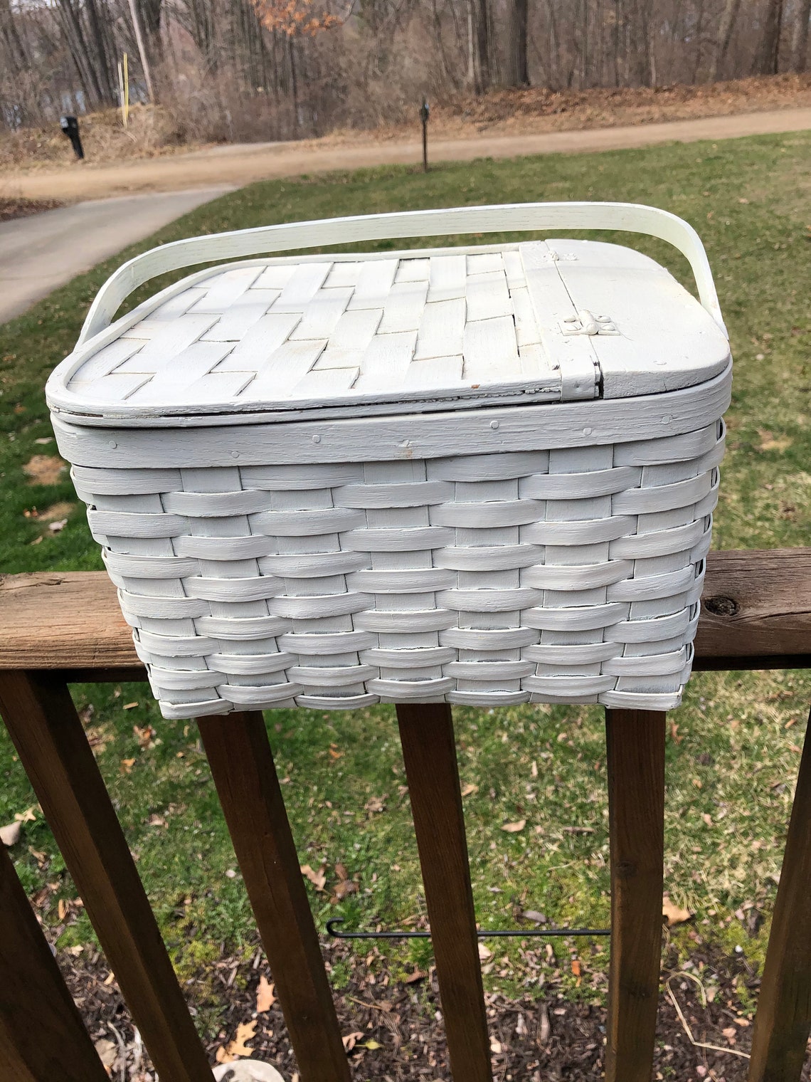 Vintage Splint Oak Woven Painted Picnic Basket White Shabby Etsy