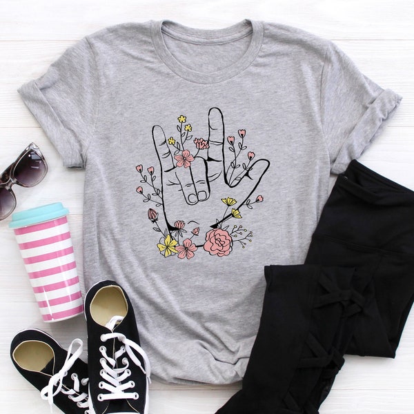 Hou van gebarentaal shirt, ASL shirt, doof shirt, spraak taal patholoog, logopedist cadeau, hand taal shirt, ASL bloemen Tee