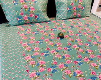 Sábana King de algodón con estampado victoriano hecha a mano – Diseño doble, decoración artesanal para el hogar de Jaipur - 105 x 105 pulgadas, plana o ajustable.