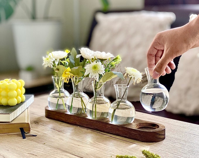 Plant Propagation Station Glass Vase Wood Stand | Indoor Gardening | Plant Gift for Plant Lover, Gardener | Wood Propagation Bulb Stand