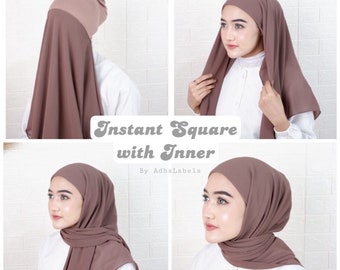 May include: A four-panel image showcasing a brown hijab with an inner cap. The hijab is draped in various styles, demonstrating how it can be worn. The text "Instant Square with Inner" is displayed in the center of the image.