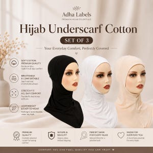 May include: A set of three cotton hijab underscarves in black, white, and beige, displayed on mannequin heads. The text reads Adha Labels, Hijab Underscarf Cotton, Set of 3, and lists features including soft cotton, breathable, stretch fit, and lightweight.