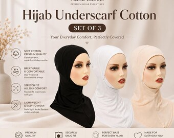 May include: A set of three cotton hijab underscarves in black, white, and beige, displayed on mannequin heads. The text reads Adha Labels, Hijab Underscarf Cotton, Set of 3, and lists features including soft cotton, breathable, stretch fit, and lightweight.