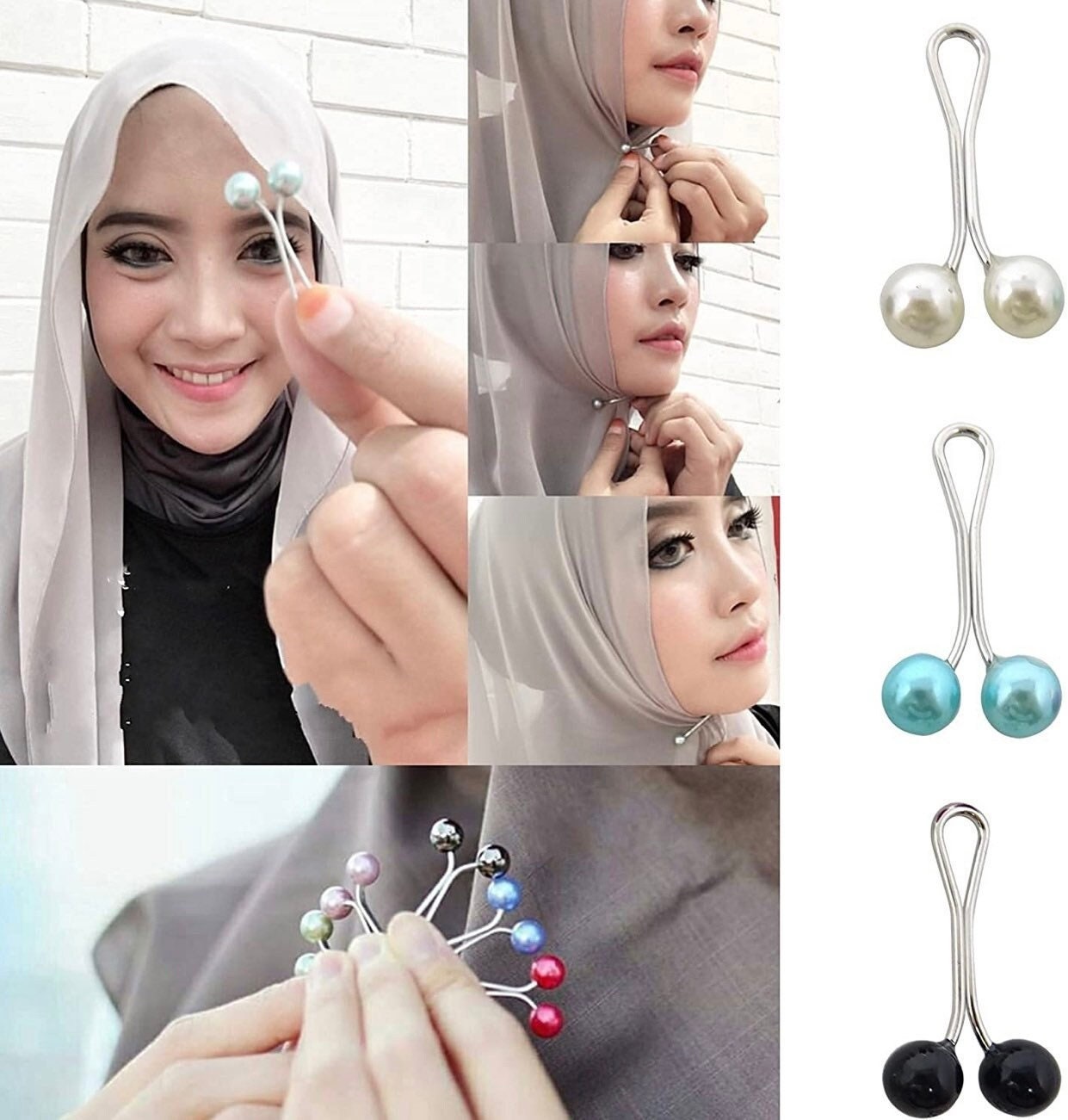 Safety Pins and Clips Set of 12 Hijab Accessories pearl and