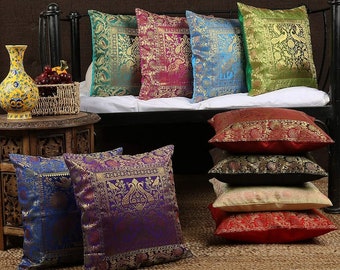 Ethnic Cushion Covers 12 x 12 Magenta Brocade Peacock Set Of 2 Boho Pillowcases 