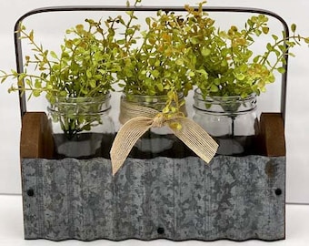 Triple Jar Caddy Table Centerpiece ,  Farmhouse Table or Shelf  Floral Decor, ,  Housewarming Gift,  Kitchen/Dining/Bathroom Decor