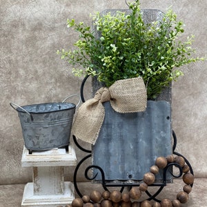 Rustic Farmhouse Wall Decor, Wall Decor With Faux Greenery, Galvanized Wall Pocket, Rustic Home Decor image 3