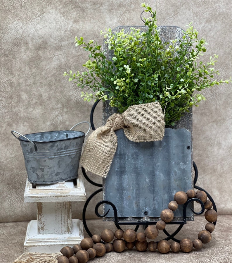 Rustic Farmhouse Wall Decor, Wall Decor With Faux Greenery, Galvanized Wall Pocket, Rustic Home Decor image 3