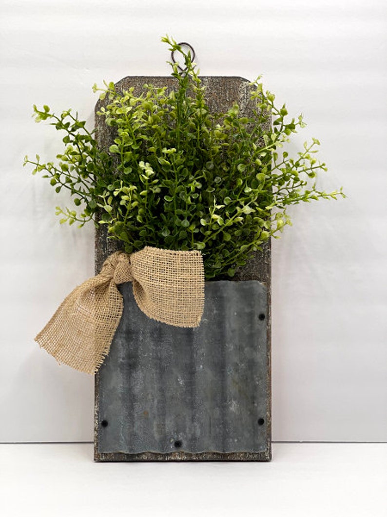 Rustic Farmhouse Wall Decor, Wall Decor With Faux Greenery, Galvanized Wall Pocket, Rustic Home Decor image 10