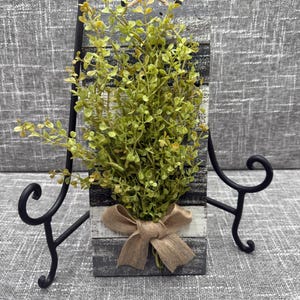Handcrafted Wall Art Rustic Farmhouse Design Wooden Slat Construction Painted Gray Black White Finish Decorative Burlap Bow Faux Greenery Detail Modern Country Style Accent Small Wall Hanging Perfect Kitchen Display Living Room Decoration