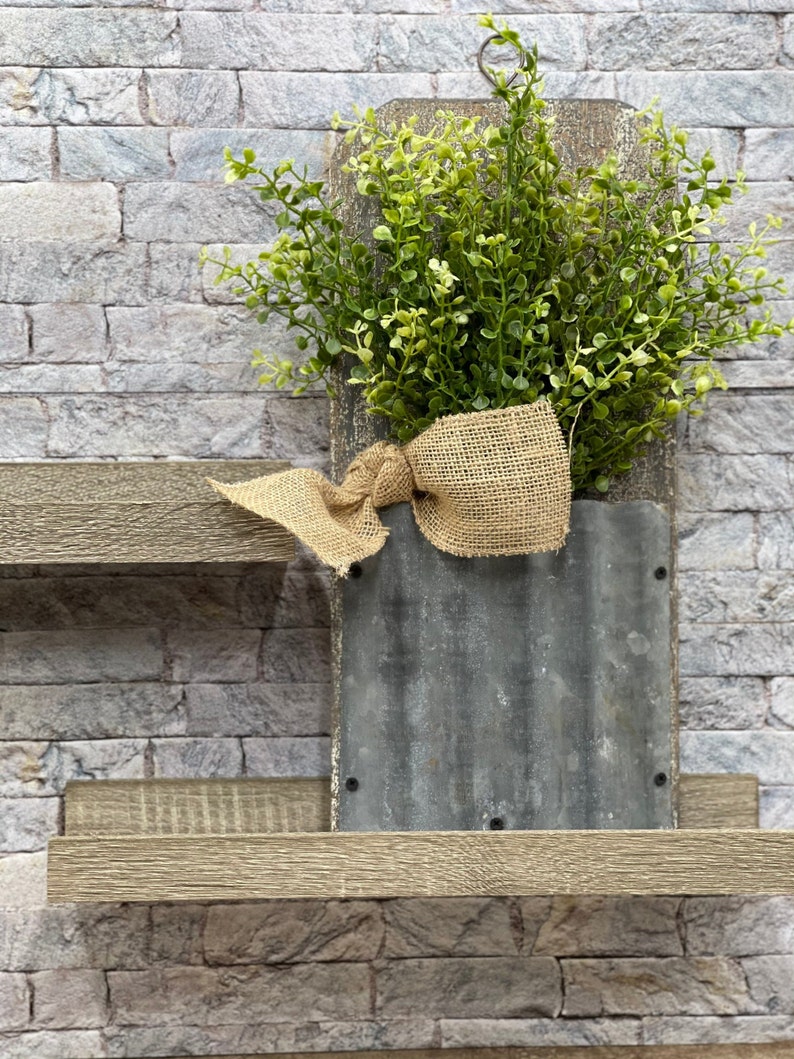 Rustic Farmhouse Wall Decor, Wall Decor With Faux Greenery, Galvanized Wall Pocket, Rustic Home Decor image 2