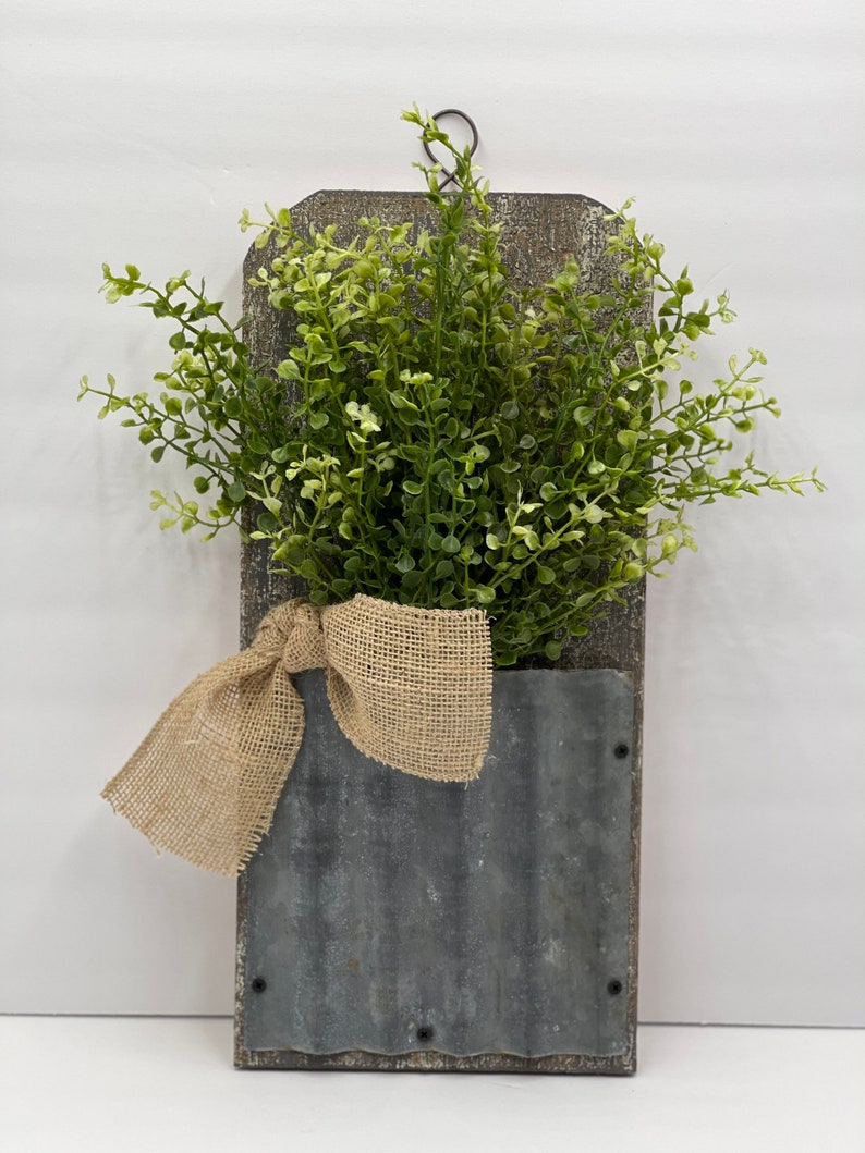 Rustic Farmhouse Wall Decor, Wall Decor With Faux Greenery, Galvanized Wall Pocket, Rustic Home Decor image 9
