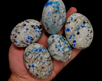 5 Pcs Polished K2 Azurite Palm Stones: White Granite with Blue Dots