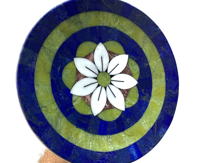 1195 Grams Super Quality Green King Shah Maqsood Jade Plus Lapis Lazuli Medium Round Plate - Lapis Plate - Shah Maqsood Plate - Lapis Plate