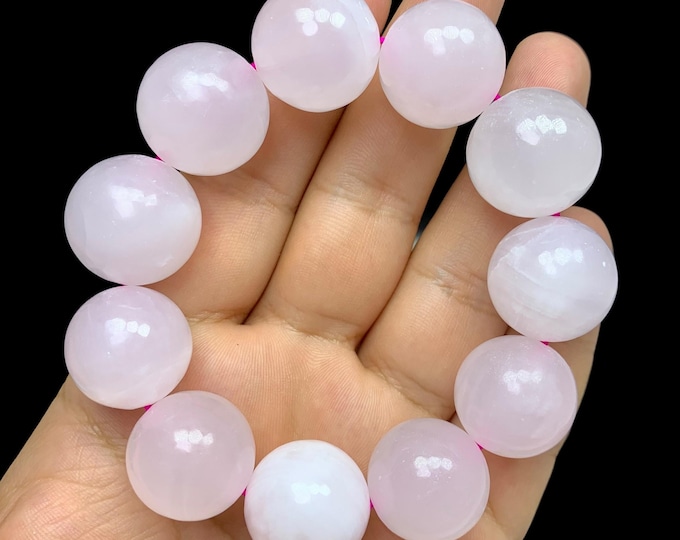 140g UV-Reactive Pink Mangano Calcite Bracelet: Large Polished Beads