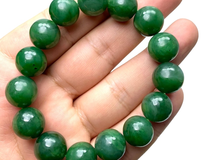 Green Nephrite Jade Bead Bracelet, Top Luster