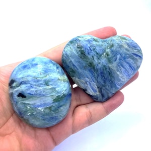 Blue Kyanite Palm Stone Set: Heart & Oval, Polished Gemstone (418 Grams)